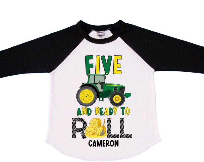 Personalized Green Tractor Truck FIVE Raglan Monster Truck theme Birthday Shirt. FIVE Birthday. Racing Birthday . Tractor Truck Birthday .
