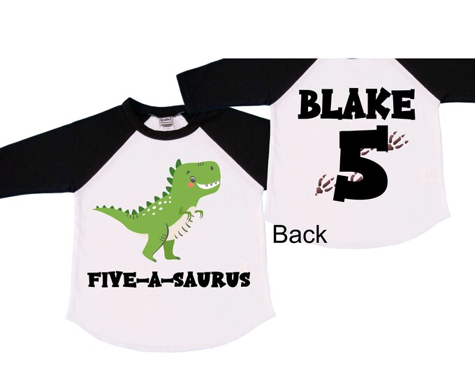 Personalized Dinosaur Themed Birthday Boy Raglan Dinosaur theme Birthday Shirt. FIVE Birthday. Boy's Dino Birthday. Dinosaur Birthday Shirt.