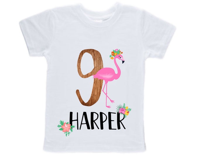 Personalized Flamingo Tropical Themed NINE Birthday Girl Shirt. Cake Smash Short Sleeve Birthday Shirt. 9th . Birthday Shirt