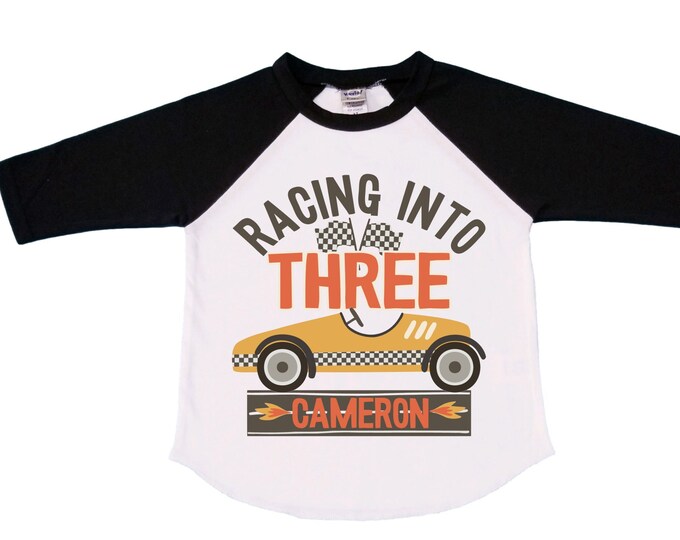 Personalized RaceCar theme Birthday Shirt. THREE Birthday. Boy's Racecar Birthday Shirt. Race Car Racing Birthday Shirt.
