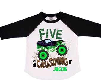 Personalized Monster Truck Crushing IT Birthday Shirt. FIVE Birthday. Boy's Truck Birthday Shirt. Monster Truck Racing Birthday Shirt.