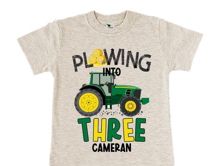 Personalized Tractor theme Birthday Shirt. THREE Birthday. Boy's Truck Birthday Shirt. Tractor Racing Birthday Shirt.