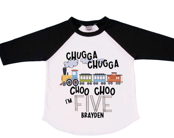 Personalized Choo Choo I'm 5 Train theme Birthday Shirt. Five Birthday. Boy's Train Birthday Shirt. Choo Choo Train Birthday Shirt.
