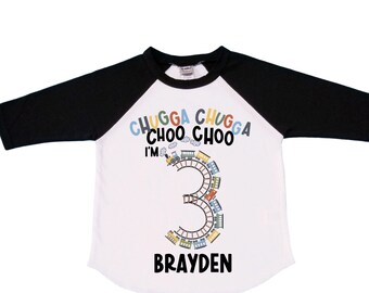 Personalized Choo Choo I'm 3 Train theme Birthday Shirt. Three Birthday. Boy's Train Birthday Shirt. Choo Choo Train Birthday Shirt.