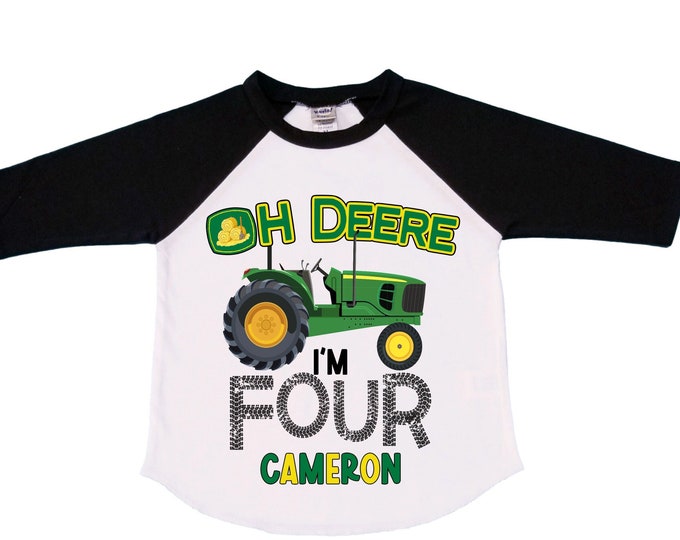 Personalized Tractor FOUR  Raglan Monster Truck theme Birthday Shirt. Two Birthday. Boy's Racing Birthday . Tractor Birthday .