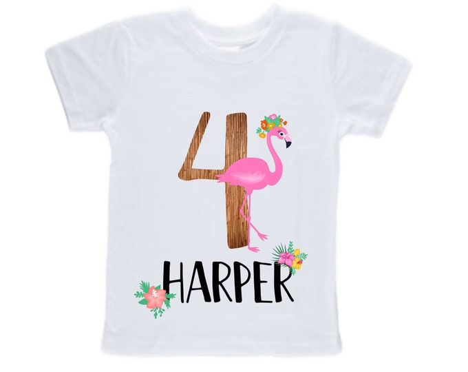 Personalized Flamingo Tropical Four Birthday Girl Shirt. Cake Smash Birthday Shirt. 4th . Birthday Shirt