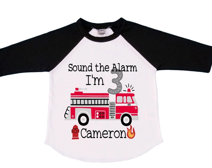 Personalized Sound the Alarm I'm 3 Fire Truck theme Birthday Shirt. THREE Birthday. Boy's Truck Birthday Shirt. Fire Truck Birthday Shirt.