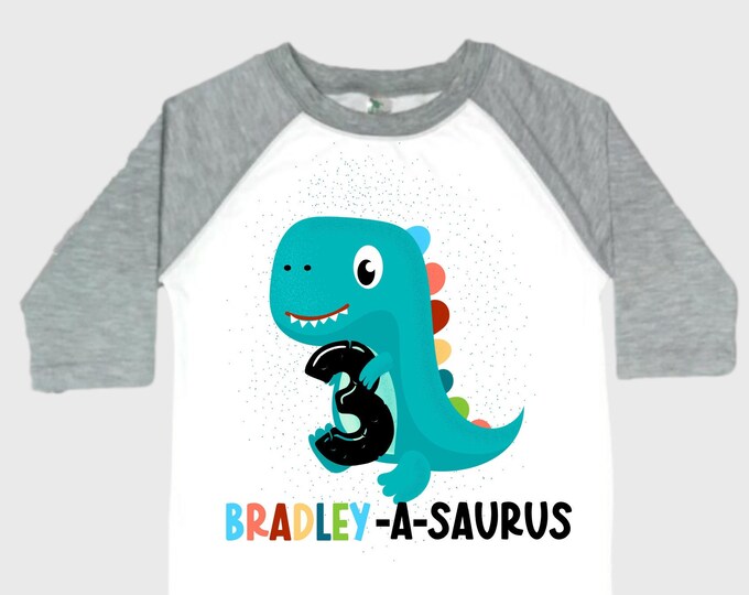Personalized Dinosaur theme Birthday Shirt. Three Birthday. Boy's Dino Birthday Shirt. Dinosaur Birthday Shirt. THREE Rex