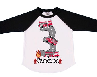 Personalized Sound the Alarm I'm 3 Fire Truck theme Birthday Shirt. THREE Birthday. Boy's Truck Birthday Shirt. Fire Truck Birthday Shirt.