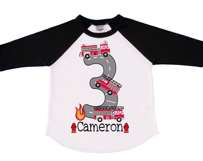 Personalized Sound the Alarm I'm 3 Fire Truck theme Birthday Shirt. THREE Birthday. Boy's Truck Birthday Shirt. Fire Truck Birthday Shirt.
