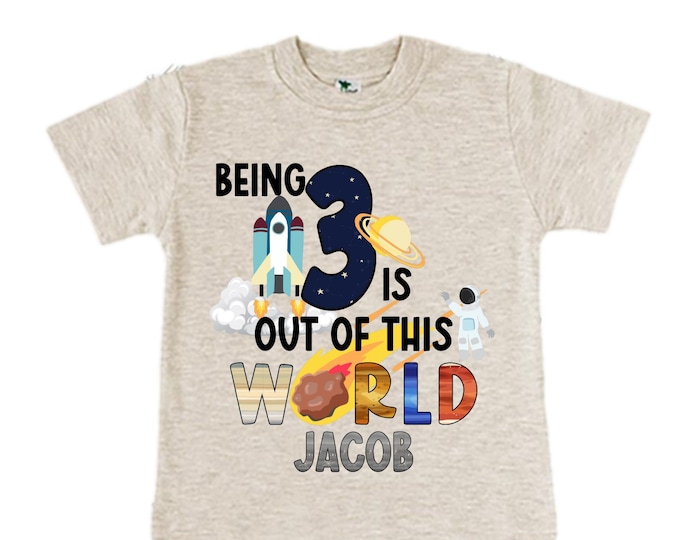 Personalized Space Birthday THREE Astronaut theme Birthday Shirt. THREE Birthday. Boy's Birthday Shirt. Spaceship Space ship Birthday Shirt.