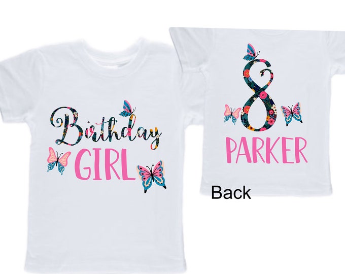 Personalized Butterfly EIGHT Birthday Girl Shirt. Cake Smash Short Sleeve Birthday Shirt. 8th . Birthday Shirt