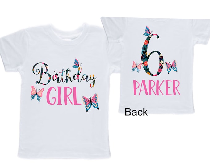 Personalized Butterfly SIX Birthday Girl Shirt. Cake Smash Short Sleeve Birthday Shirt. 6th . Birthday Shirt