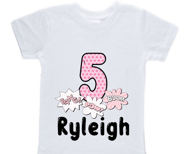 Personalized Super Girl / Super Hero / Comic FIVE Birthday Girl Shirt. Cake Smash Short Sleeve Birthday Shirt. 5th . Birthday Shirt