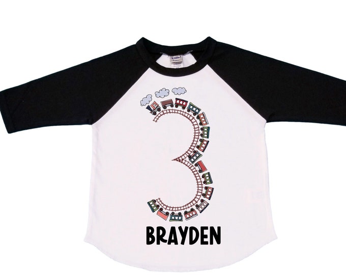 Personalized Choo Choo I'm 3 Train theme Birthday Shirt. Three Birthday. Boy's Train Birthday Shirt. Choo Choo Train Birthday Shirt.