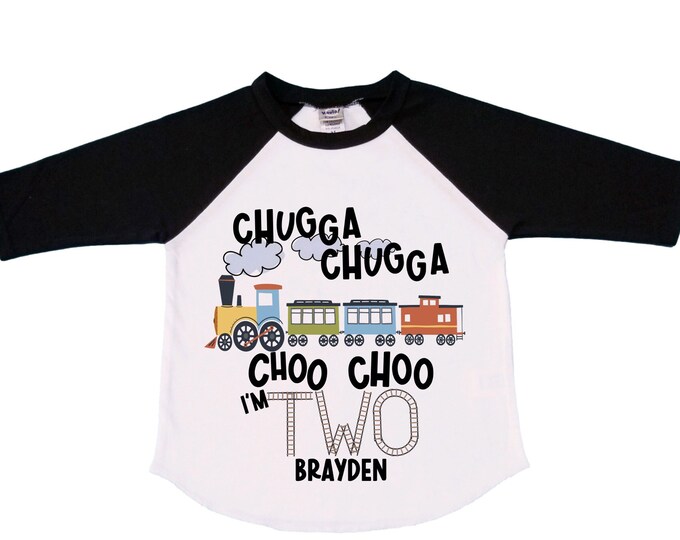 Personalized Choo Choo I'm 2 Train theme Birthday Shirt. Two Birthday. Boy's Train Birthday Shirt. Choo Choo Train Birthday Shirt.