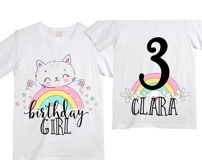 Personalized Rainbow THREE Birthday Girl Shirt. Cake Smash Sleeve Birthday Shirt. Three . Birthday Shirt