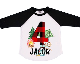 Personalized Camping. Camp theme Birthday Shirt. Happy Camper Birthday. Camper Shirt . FOUR Birthday. Boy's Camp Birthday. adventure shirt