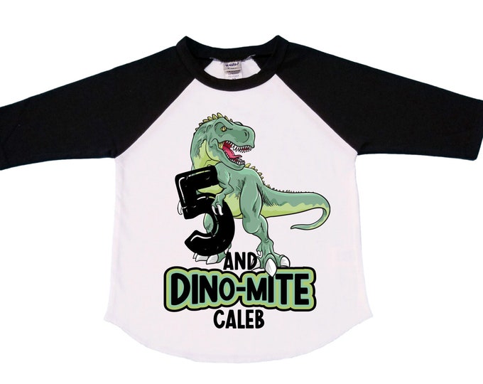 Personalized Dinosaur Themed Birthday Boy Raglan Dinosaur theme Birthday Shirt. FIVE Birthday. Boy's Dino Birthday. Dinosaur Birthday Shirt.