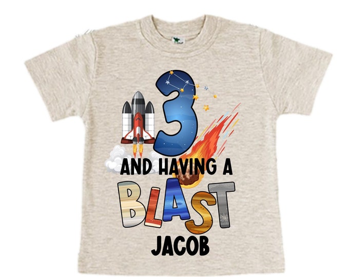Personalized Space Birthday THREE Astronaut theme Birthday Shirt. THREE Birthday. Boy's Birthday Shirt. Spaceship Space ship Birthday Shirt.