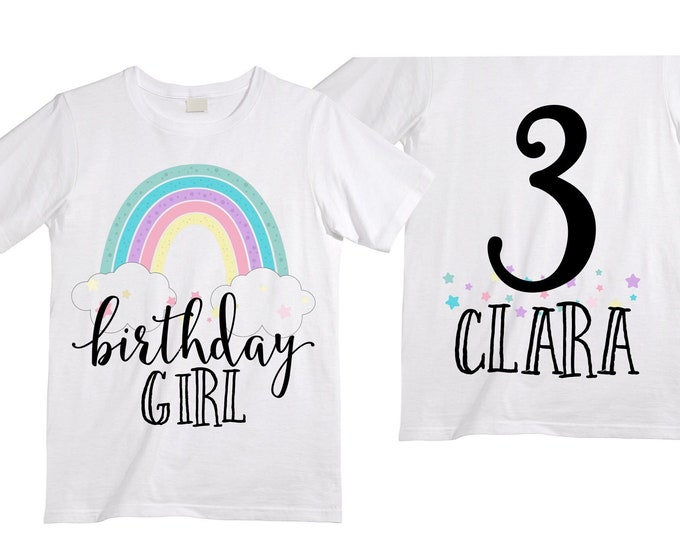 Personalized Rainbow THREE Birthday Girl Shirt. Cake Smash Sleeve Birthday Shirt. Three . Birthday Shirt