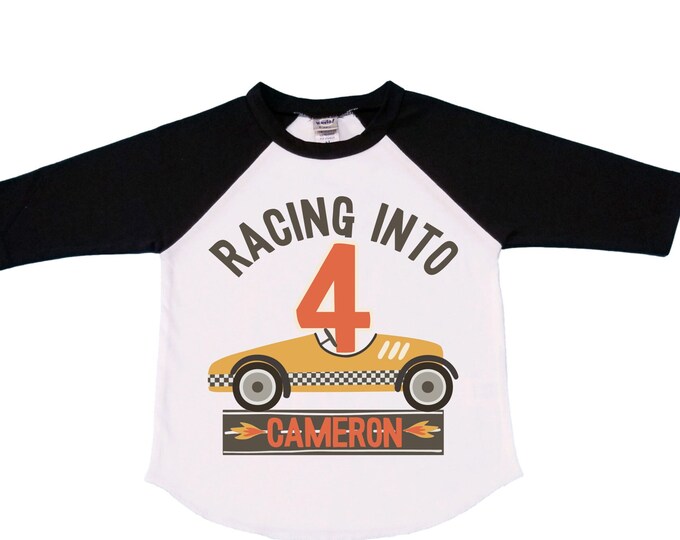 Personalized RaceCar FOUR  Race Car theme Birthday Shirt. FOUR Birthday. Boy's Racing Birthday . Racecar Birthday