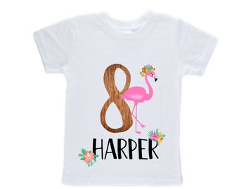 Personalized Flamingo Tropical themed EIGHT Birthday Girl Shirt. Cake Smash Short Sleeve Birthday Shirt. 8th . Birthday Shirt