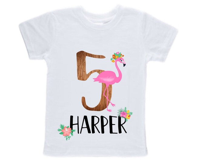 Personalized Flamingo Tropical FIVE Birthday Girl Shirt. Cake Smash Short Sleeve Birthday Shirt. 5th . Birthday Shirt