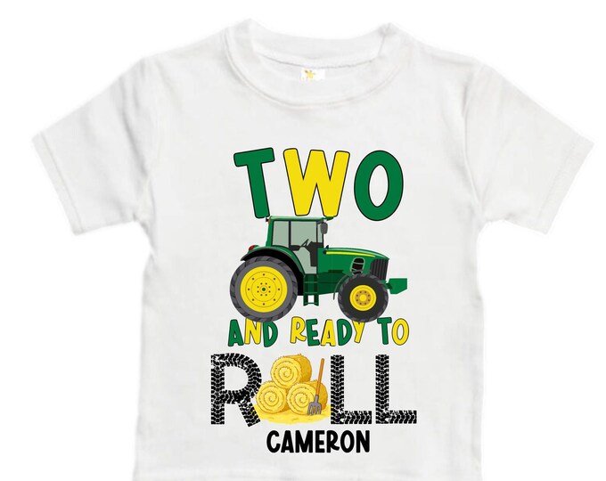 Personalized Farm Green Tractor Farm Animal theme Birthday Shirt. Two Birthday. Boy's Tractor Birthday Shirt.  Farm Birthday Shirt.