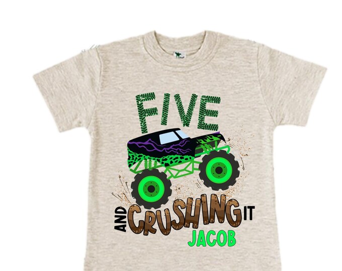 Personalized Monster Truck Crushing IT Birthday Shirt. FIVE Birthday. Boy's Truck Birthday Shirt. Monster Truck Racing Birthday Shirt.