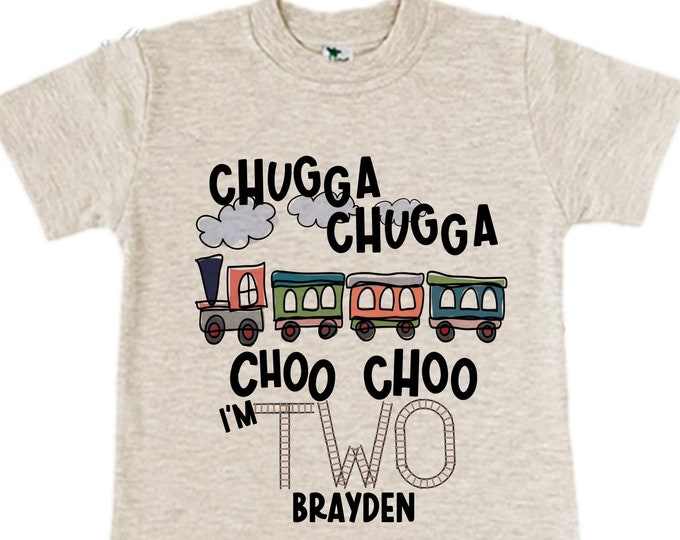 Personalized Choo Choo I'm 2 Train theme Birthday Shirt. Two Birthday. Boy's Train Birthday Shirt. Choo Choo Train Birthday Shirt.