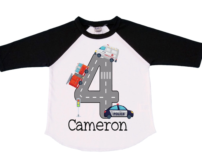 Personalized Police Fire Truck Ambulance. Rescue Vehicle theme Birthday Shirt. Fourth Birthday. Boy's Racing Birthday . Tractor Birthday .
