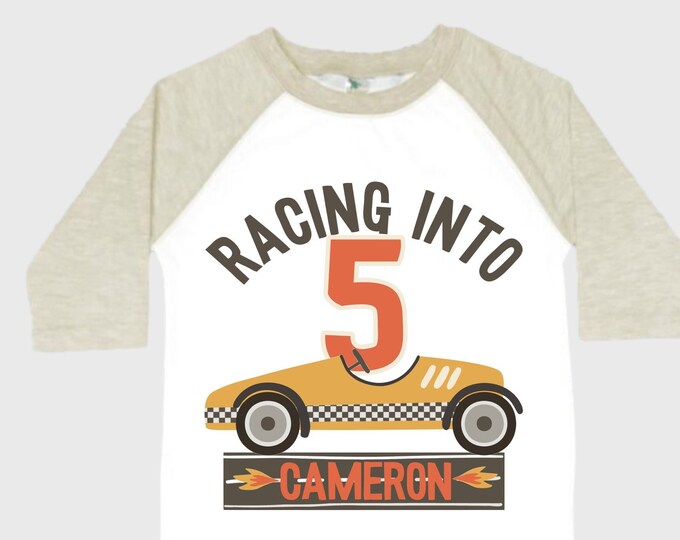 Personalized Racecar theme Birthday Shirt. FIVE Birthday. Boy's Racing Birthday . Race Car Themed Birthday Shirt