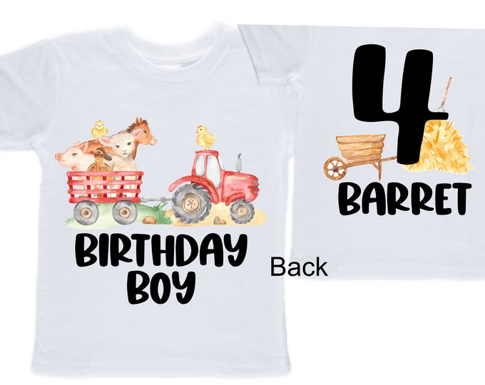 Personalized Farm Barn Farm Animal Tractor theme Birthday Shirt. Four Birthday. Boy's Farm Birthday Shirt. Tractor Birthday Shirt.