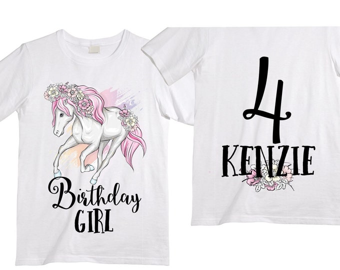 Personalized Horse Unicorn theme Birthday Shirt. Four Birthday. Girl's Floral Dino Birthday Shirt. Dinosaur Birthday Shirt. 4th Birthday