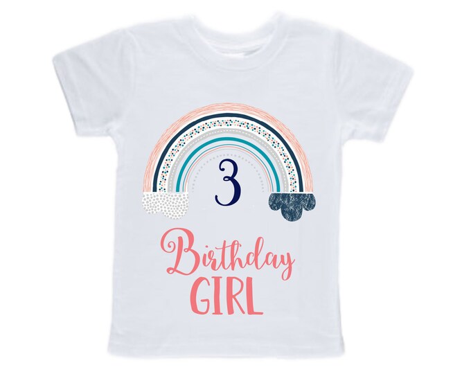 Personalized Rainbow THREE Birthday Girl Shirt. Cake Smash Sleeve Birthday Shirt. Three . Birthday Shirt