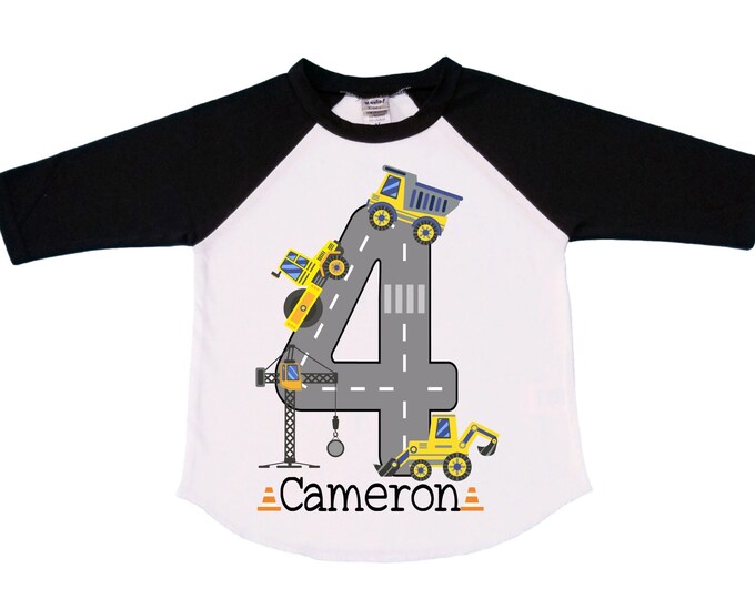 Personalized 4 Digger Construction  FOUR  Trash Truck theme Birthday Shirt. Fourth Birthday. Boy's Birthday .