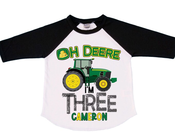 Personalized Tractor theme Birthday Shirt. THREE Birthday. Boy's Truck Birthday Shirt. Tractor Racing Birthday Shirt.