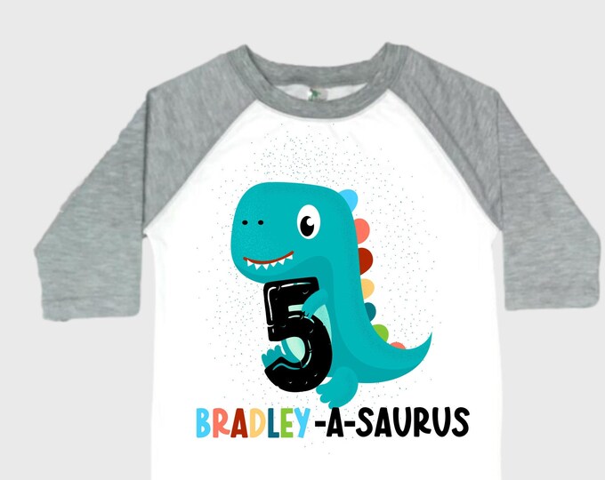 Personalized Dinosaur Themed Birthday Boy Raglan Dinosaur theme Birthday Shirt. FIVE Birthday. Boy's Dino Birthday. Dinosaur Birthday Shirt.
