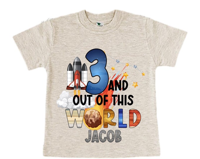 Personalized Space Birthday THREE Astronaut theme Birthday Shirt. THREE Birthday. Boy's Birthday Shirt. Spaceship Space ship Birthday Shirt.