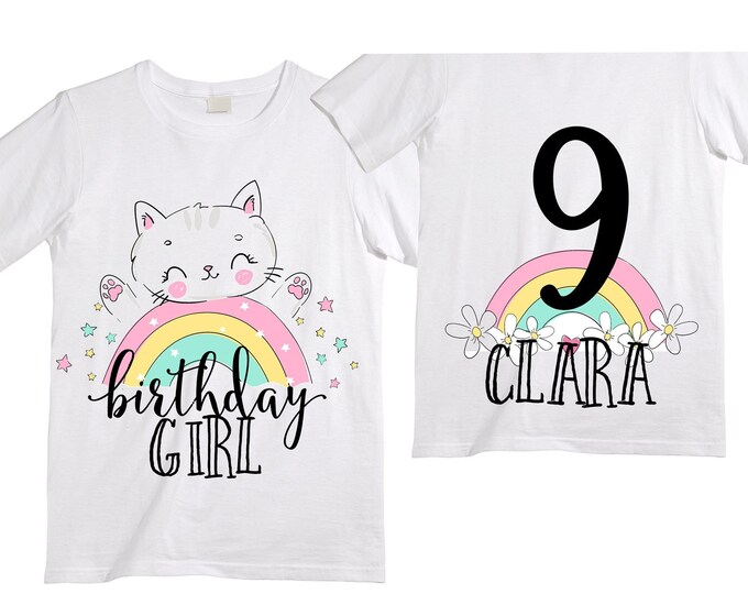 Personalized Rainbow NINE Birthday Girl Shirt. Cake Smash Short Sleeve Birthday Shirt. 9th . Birthday Shirt