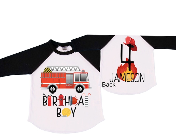 Personalized Fire Truck FOUR  Raglan Monster Truck theme Birthday Shirt. Fourth Birthday. Boy's Fire Truck Birthday .