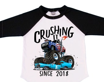 Personalized Monster Truck Crushing IT Birthday Shirt. THREE Birthday. Boy's Truck Birthday Shirt. Monster Truck Racing Birthday Shirt.