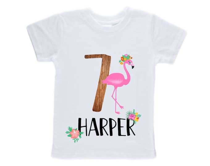 Personalized Flamingo Tropical themed SEVEN  Birthday Girl Shirt. Cake Smash Short Sleeve Birthday Shirt. 7th . Birthday Shirt