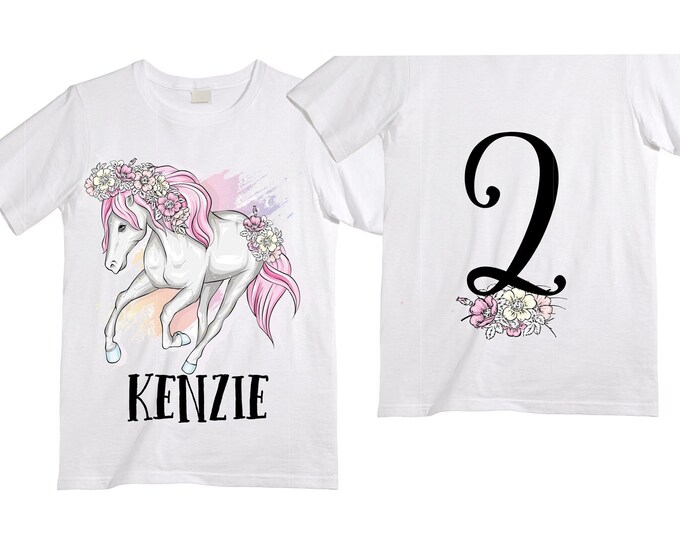 Personalized Two Horse Unicorn theme Birthday Shirt. Two Birthday. Girl's Dino Birthday Shirt. Dinosaur Birthday Shirt.