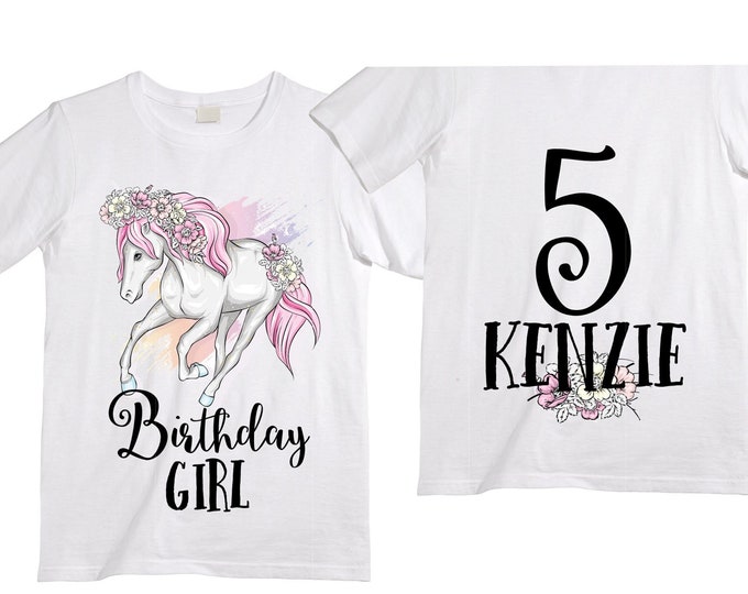 Personalized Horse Unicorn theme Birthday Shirt. Five Birthday. Girl's Floral Dino Birthday Shirt. Dinosaur Birthday Shirt.  5th Birthday