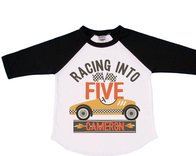 Personalized Racecar theme Birthday Shirt. FIVE Birthday. Boy's Racing Birthday . Race Car Themed Birthday Shirt