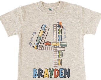 Personalized Choo Choo I'm 4 Train theme Birthday Shirt. Four Birthday. Boy's Train Birthday Shirt. Choo Choo Train Birthday Shirt.