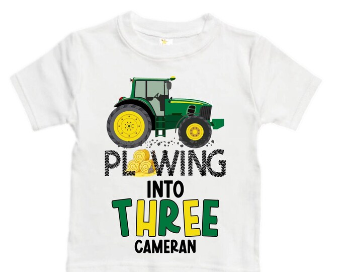 Personalized Tractor theme Birthday Shirt. THREE Birthday. Boy's Truck Birthday Shirt. Tractor Racing Birthday Shirt.