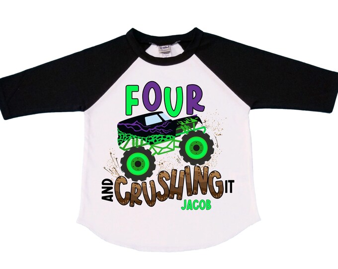 Personalized Monster Truck Crushing IT Birthday Shirt. FOUR  Birthday. Boy's Truck Birthday Shirt. Monster Truck Racing Birthday Shirt.